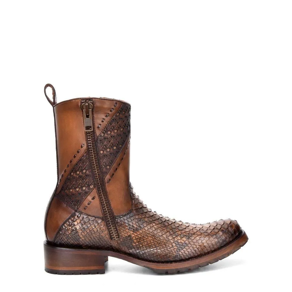 Mens Cuadra Brown Casual Cowboy Ankle Boots with Python Skin Zip Detail