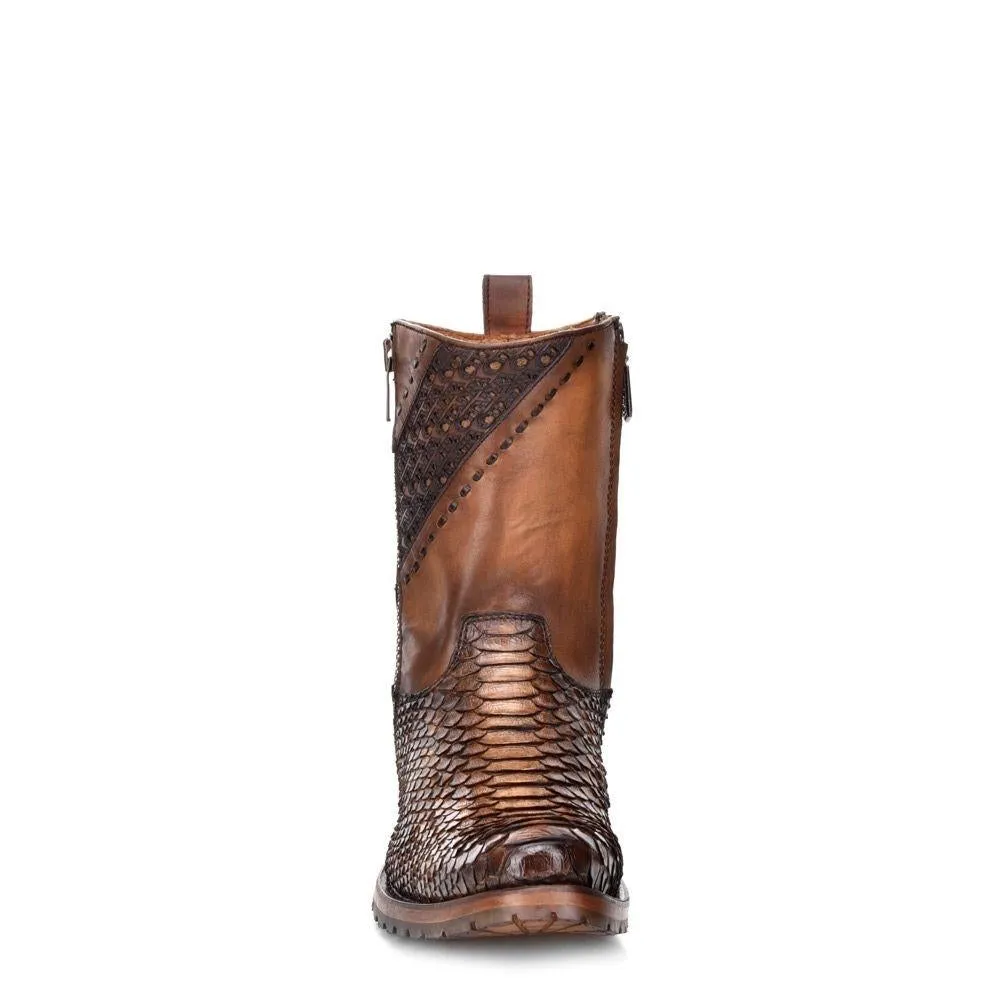 Mens Cuadra Brown Casual Cowboy Ankle Boots with Python Skin Zip Detail