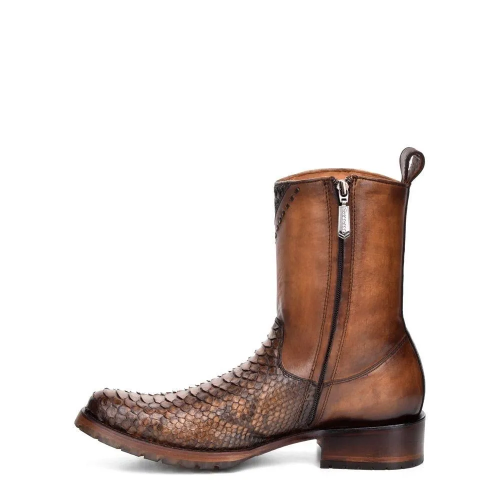 Mens Cuadra Brown Casual Cowboy Ankle Boots with Python Skin Zip Detail