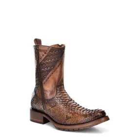 Mens Cuadra Brown Casual Cowboy Ankle Boots with Python Skin Zip Detail