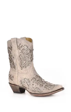 A3550 - Corral white western cowgirl cowhide leather ankle boots for women