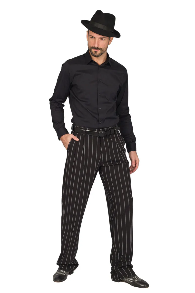 Black Bold Striped Men's Tango Pants With Two Pleats