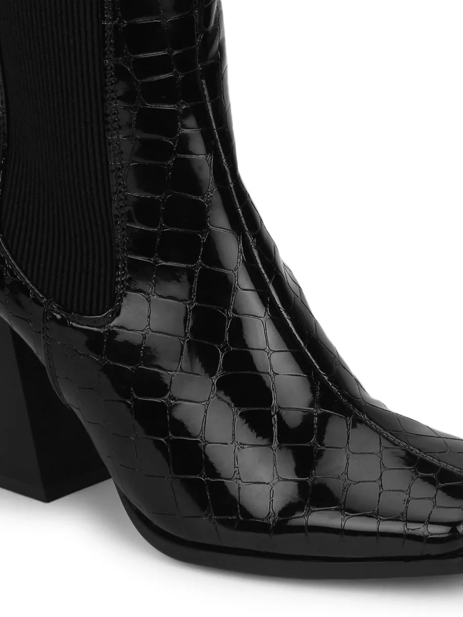 Black Croc Patent Back Zip Ankle Boots