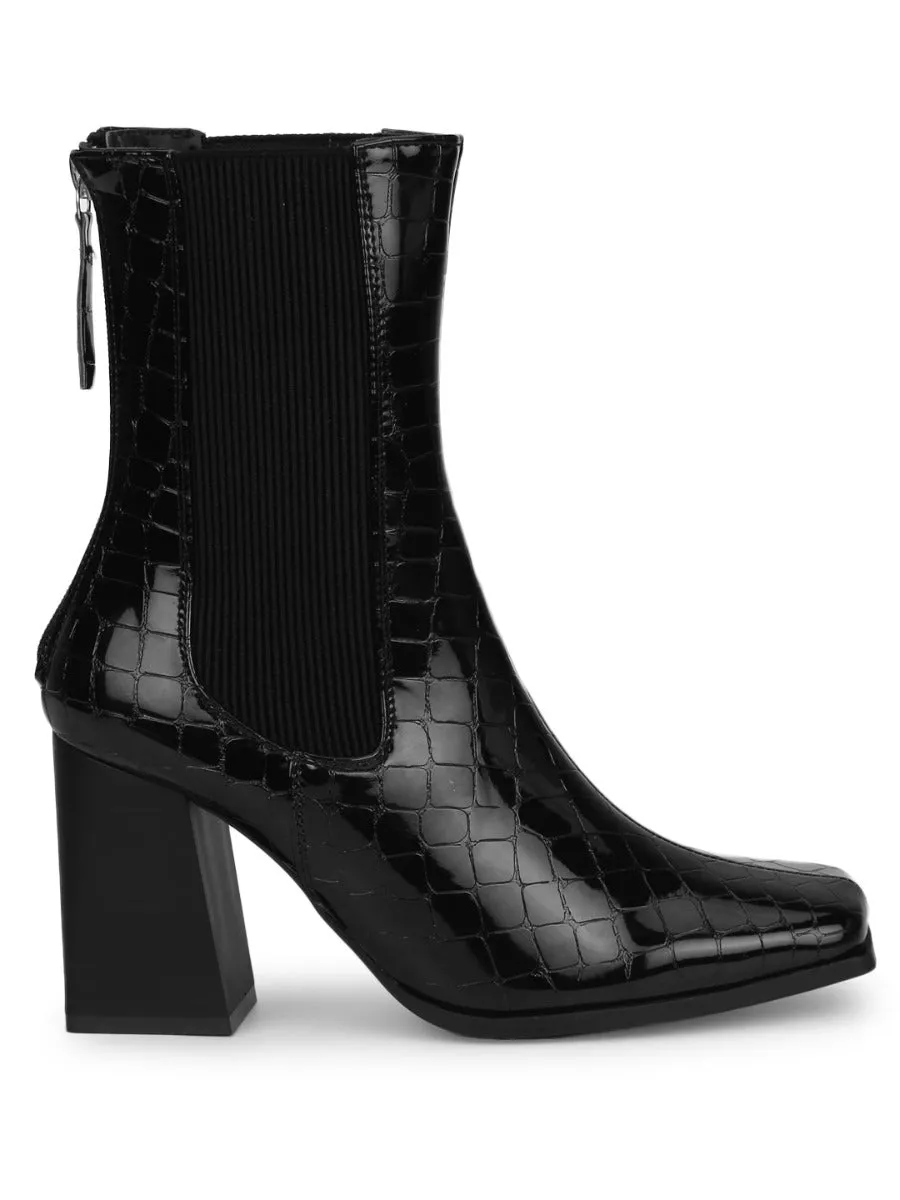 Black Croc Patent Back Zip Ankle Boots