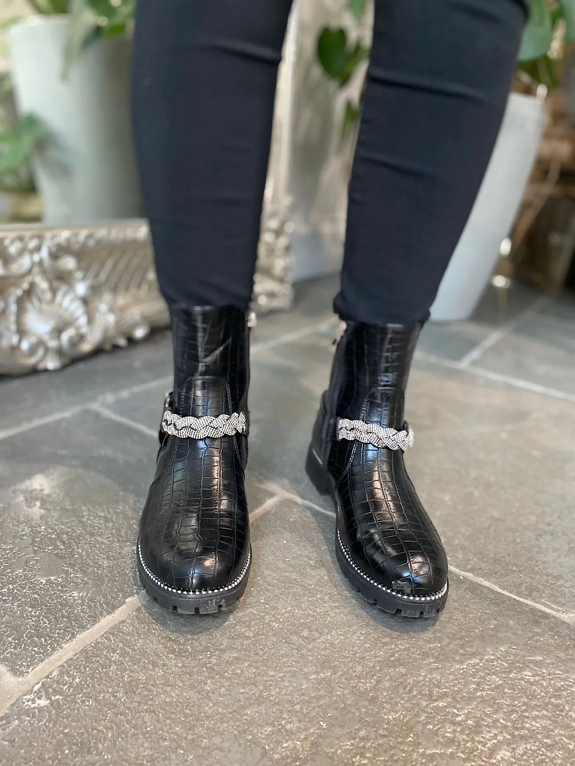 Black Diamante Strap Boots