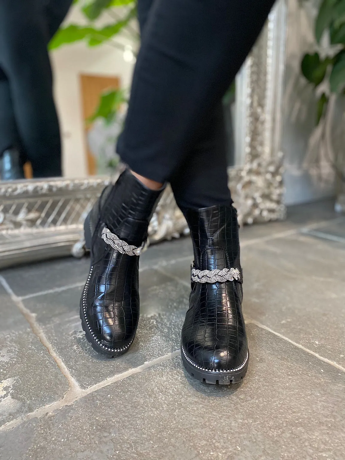 Black Diamante Strap Boots