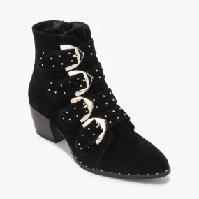 Black Faux Suede Stud Detail Ankle Boot