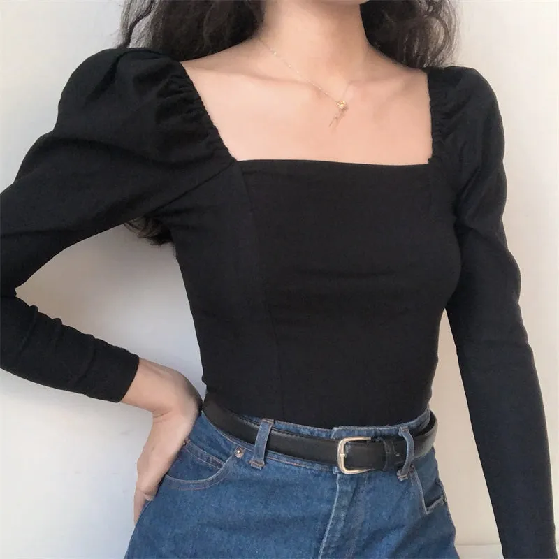 Black Slim Square Neck Top