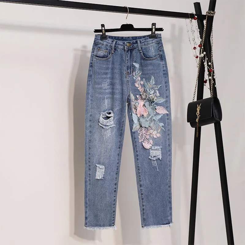 Embroidered Floral Jeans Outfit Set