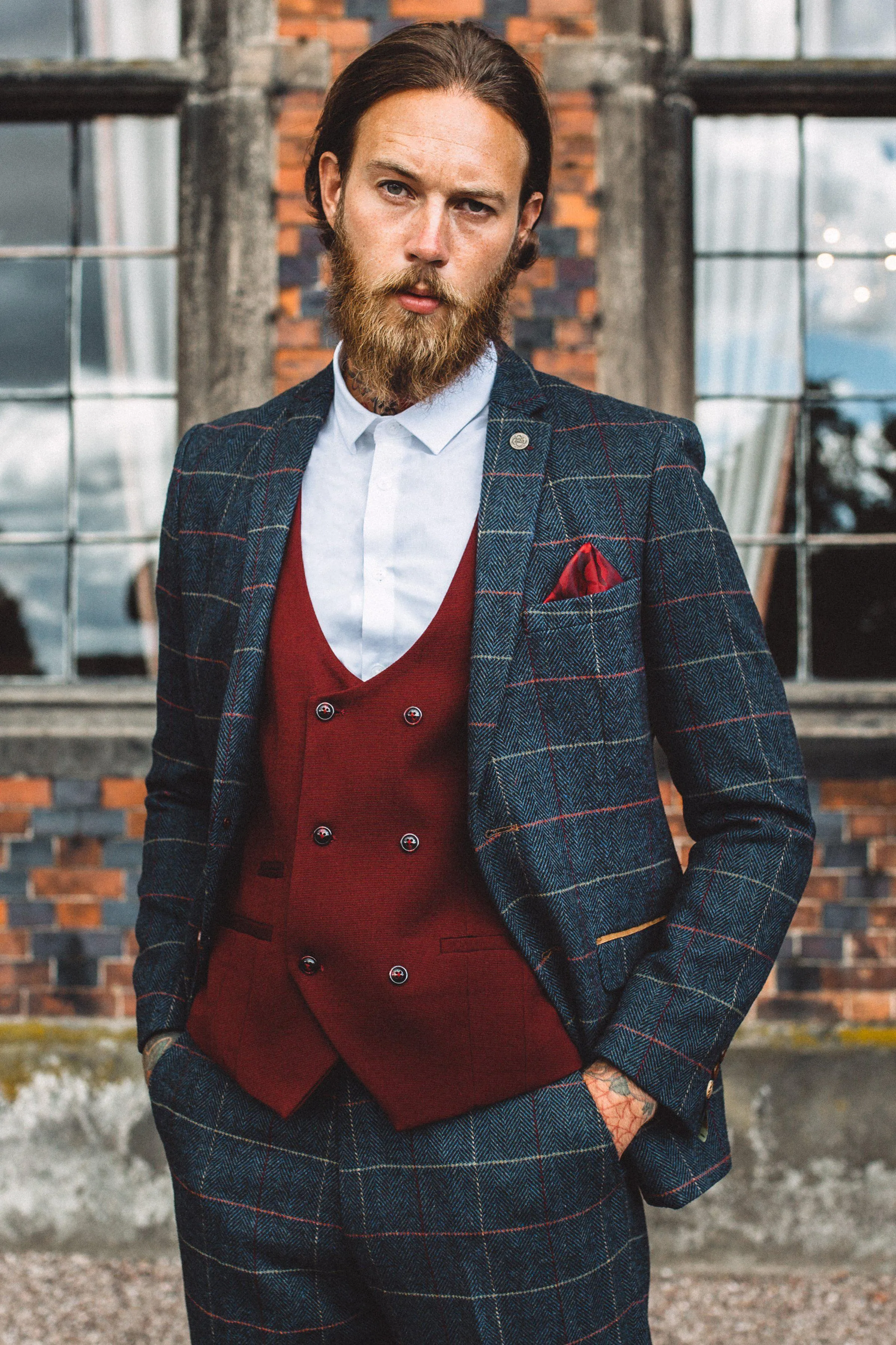 ETON - Navy Tweed Suit KELVIN Wine Waistcoat