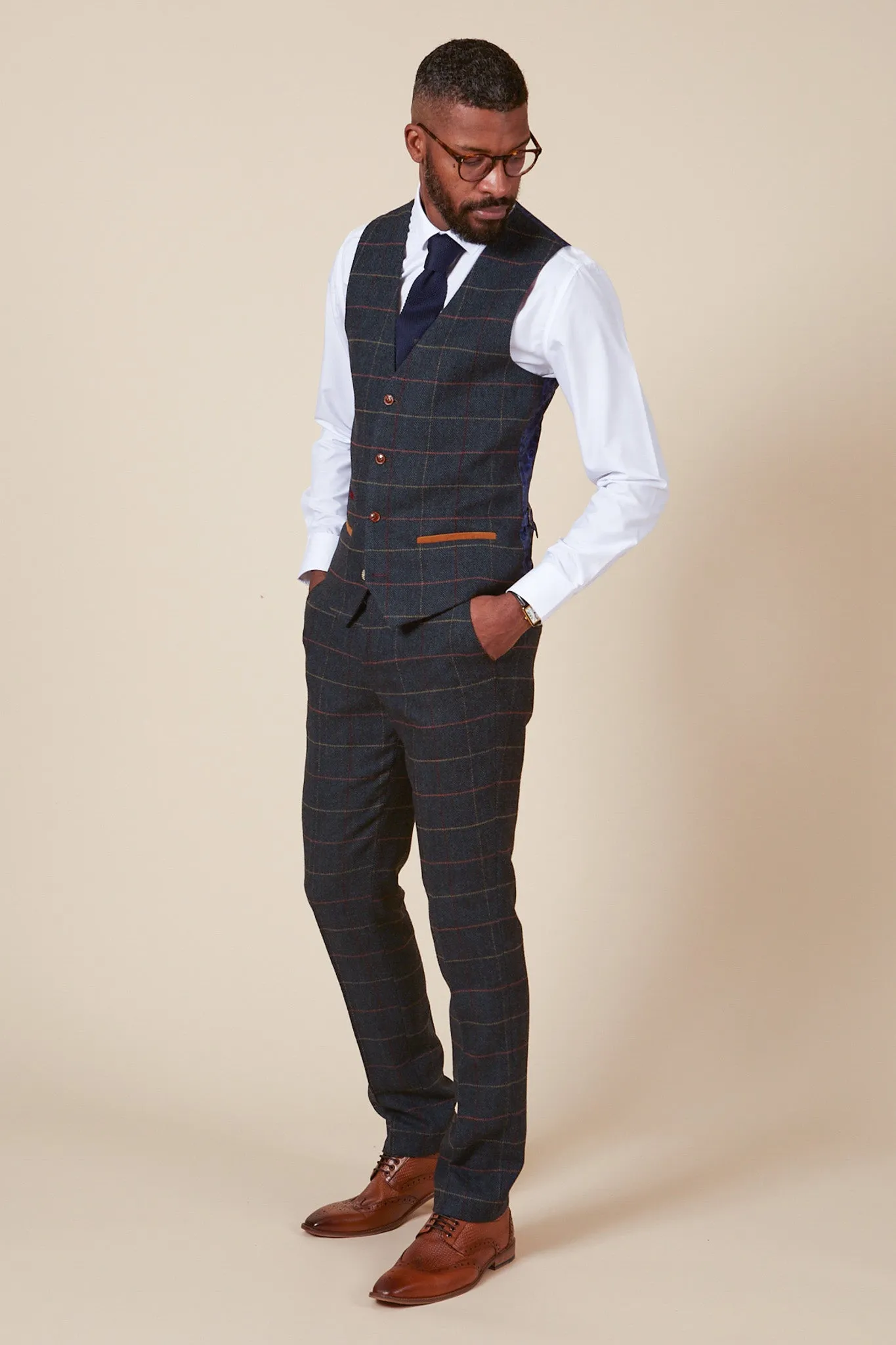 ETON - Single Breasted Navy Blue Tweed Check Waistcoat