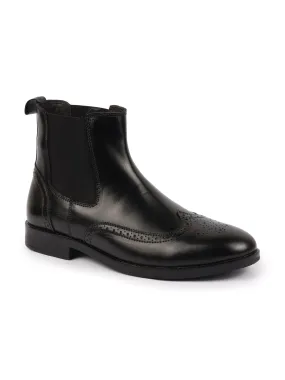 Men Black Genuine Leather Brogue High Ankle Slip On Chelsea Boots|Tuxedo Shoes