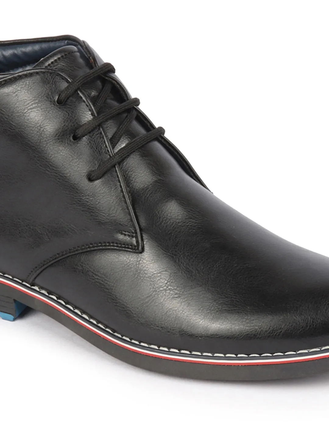 Men Black Genuine Leather Mid Top Chukka Lace Up Boots with TPR Welted Colorblocked Sole