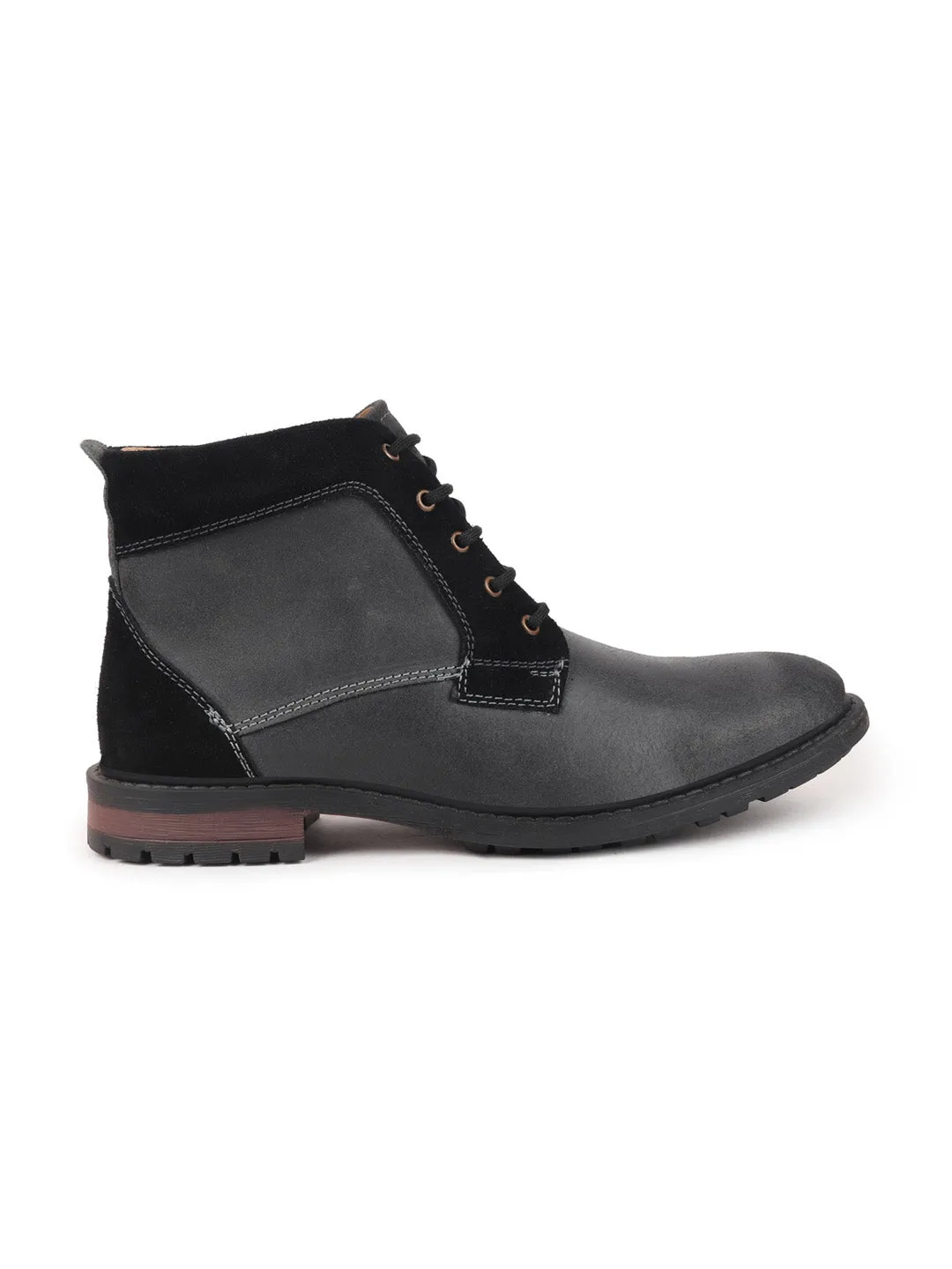 Men Black High Ankle Lace Up Leather Boots