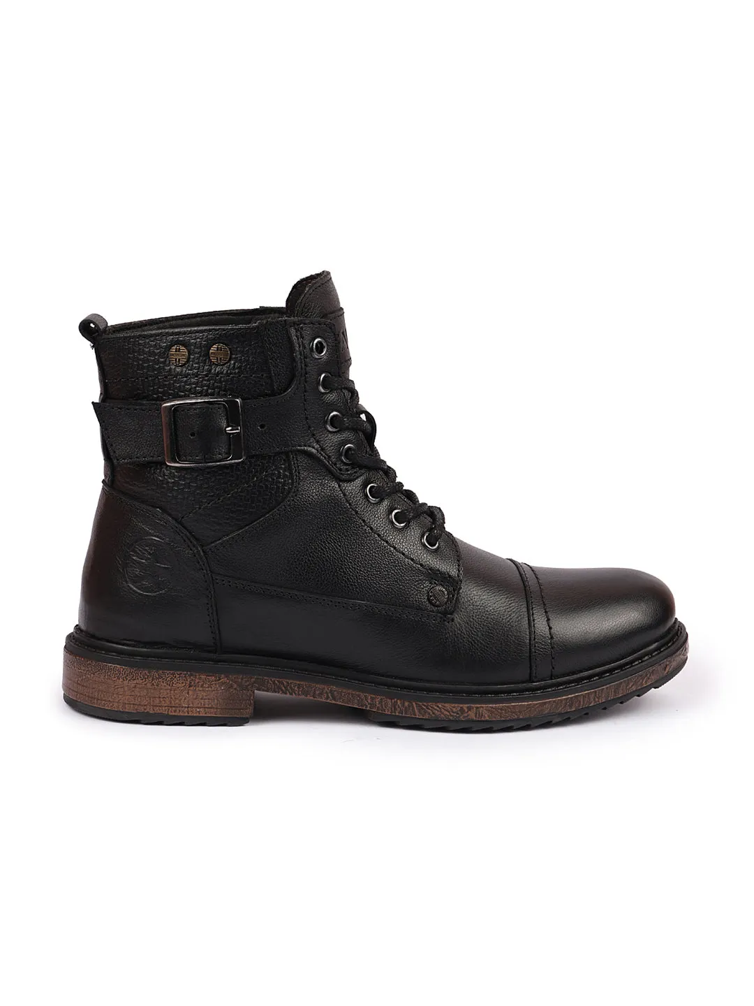 Men Black High Top Genuine Leather 7-Eye Lace Up Buckle Strap Work Cap Toe Winter Flat Boots