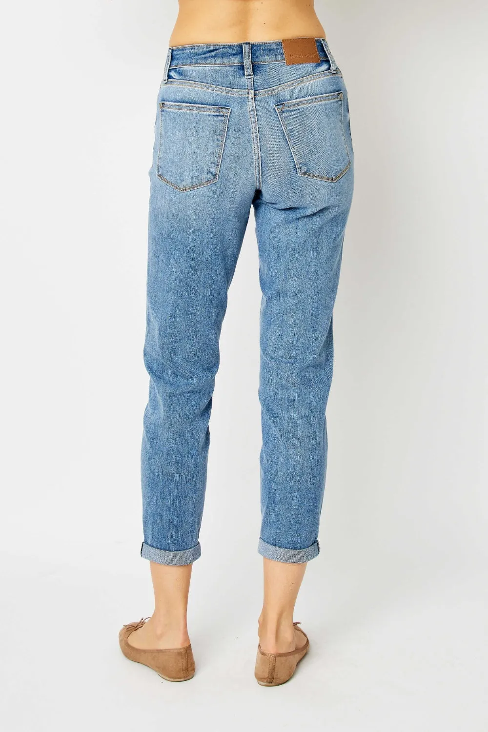 Mid Wash Full Size Cuffed Hem Slim Jeans