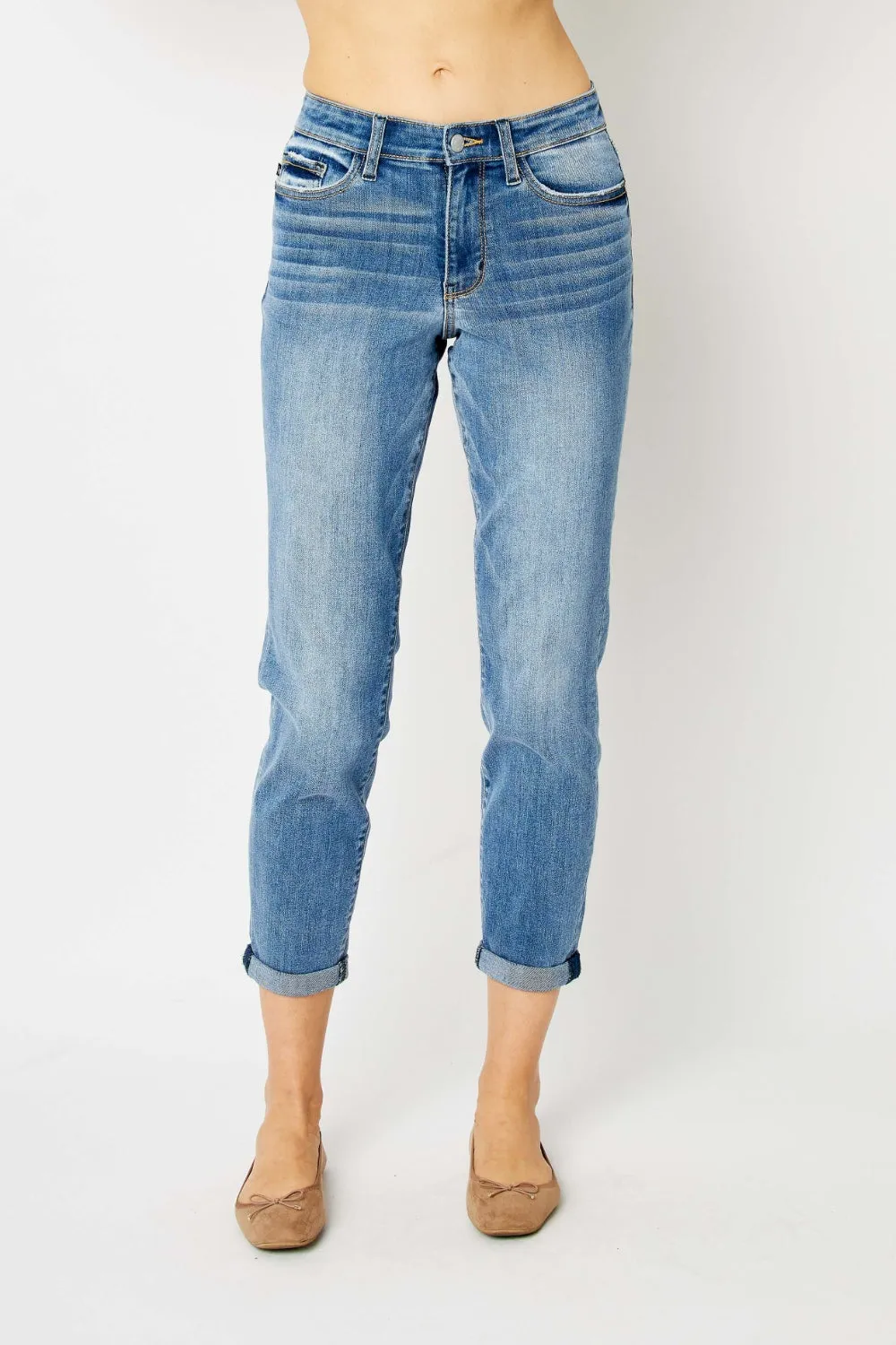 Mid Wash Full Size Cuffed Hem Slim Jeans