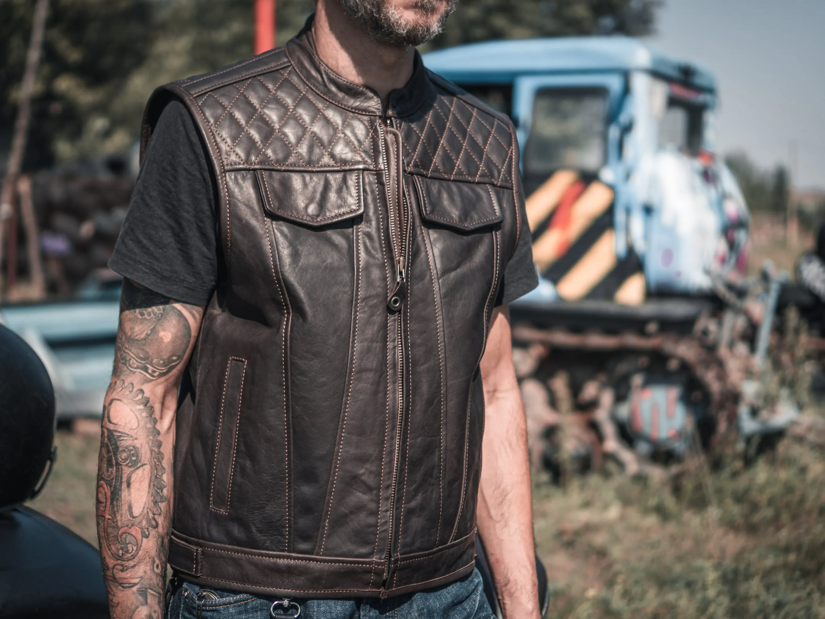 Motorcycle Leather Vest | Dark Brown Color | Handcrafted